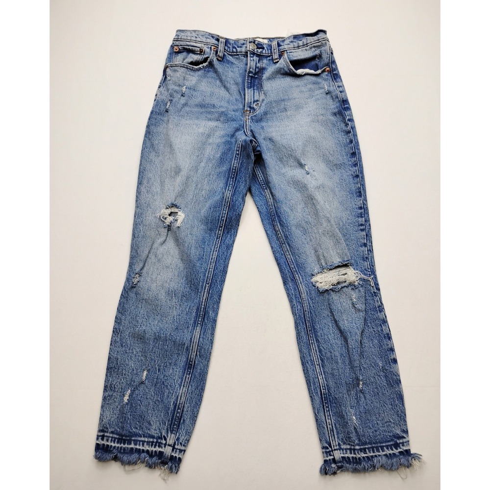 Abercrombie & Fitch The Mom High Rise Destroyed Frayed Stretch Blue Jeans Sz 8